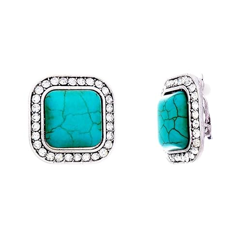 Rosemarie Collections Women's Western Chic Crystal Rhinestone Accented Square Turquoise Howlite Stone Clip On Earrings, 0.9"