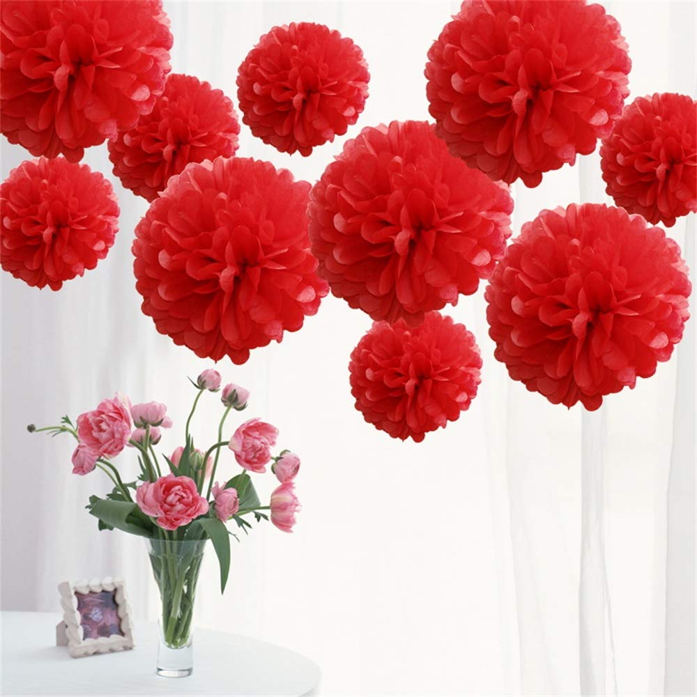 Time to Sparkle 10 Pack Mixed Tissue Paper Pompoms Pom Poms Flower Wedding Party Decoration (Red, 10pcs Large(8"+10"+12")) — image 1
