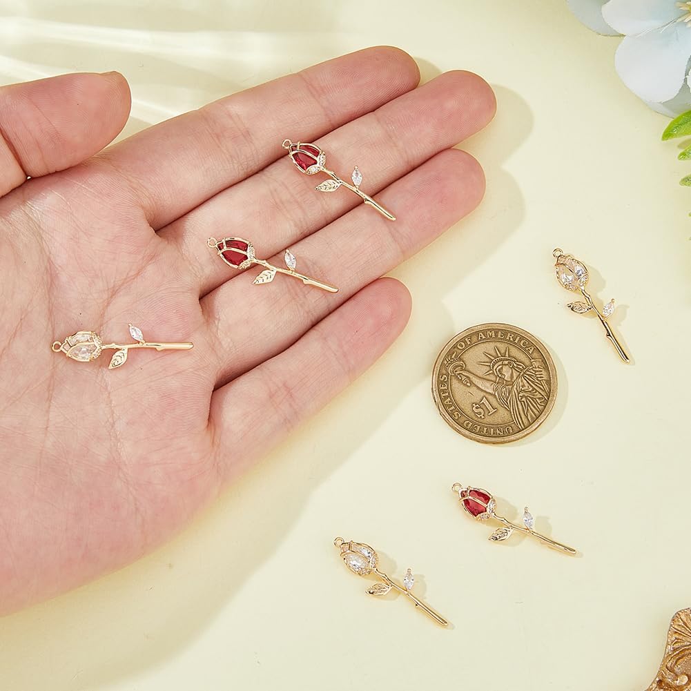 6Pcs 18K Gold Plated Flower Charms 2 Colors Cubic Zirconia Rose Charms Brass Cerise and Clear Tulip Flower Pendants for Necklace Earrings Bracelets Jewelry Making DIY Crafts - Image 3