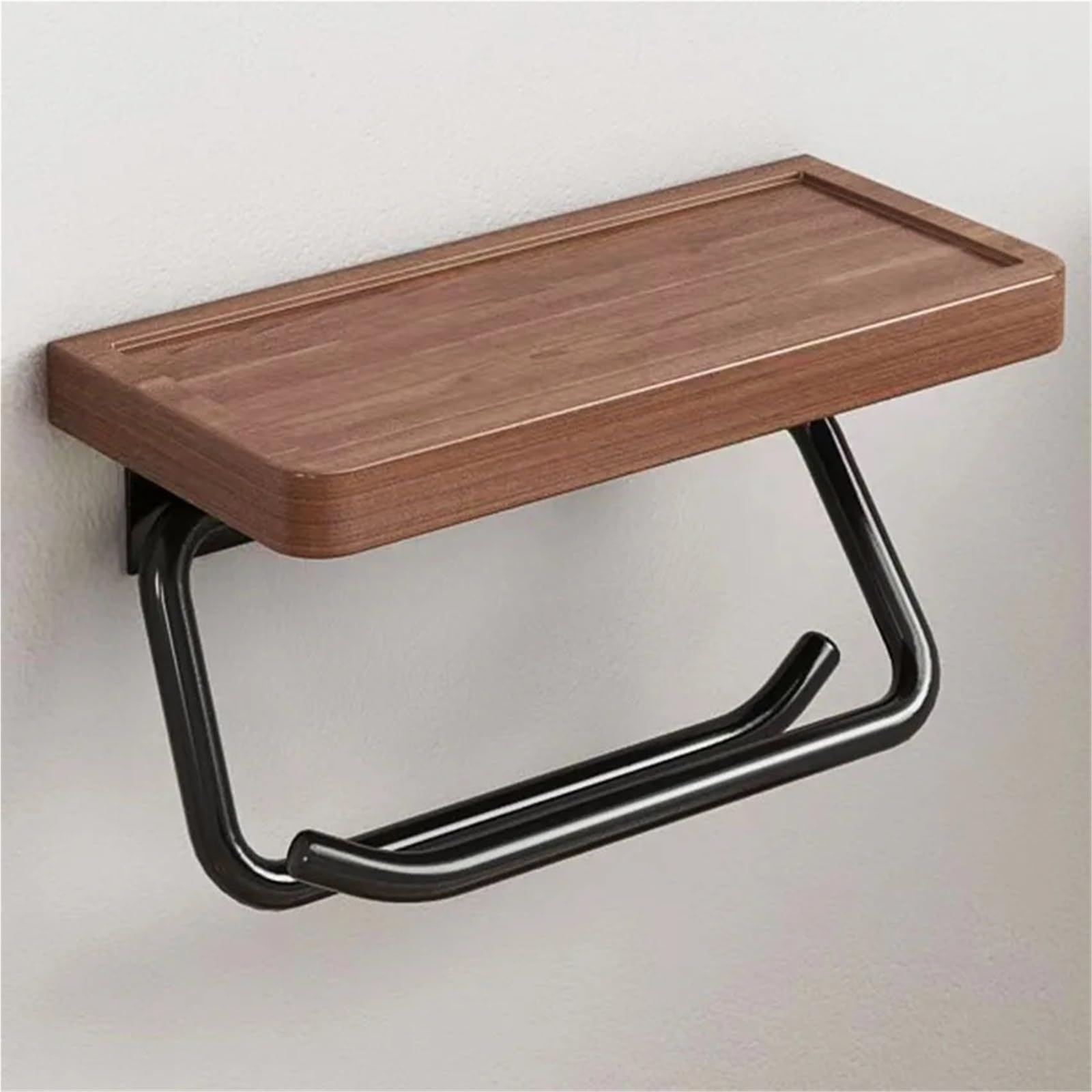 Portarotolo WC adesivo con mensola Porta carta igienica con ripiano | Senza trapano in legno di noce, appendiabiti a parete for rotoli di carta velina(Black)