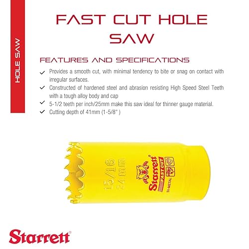 Miniatura 2 de Starrett FCH1056-G - Sierra de agujero recto de corte rápido bimetálica con dientes HSS resistentes a la abrasión, ideal para cortar metal, acero y