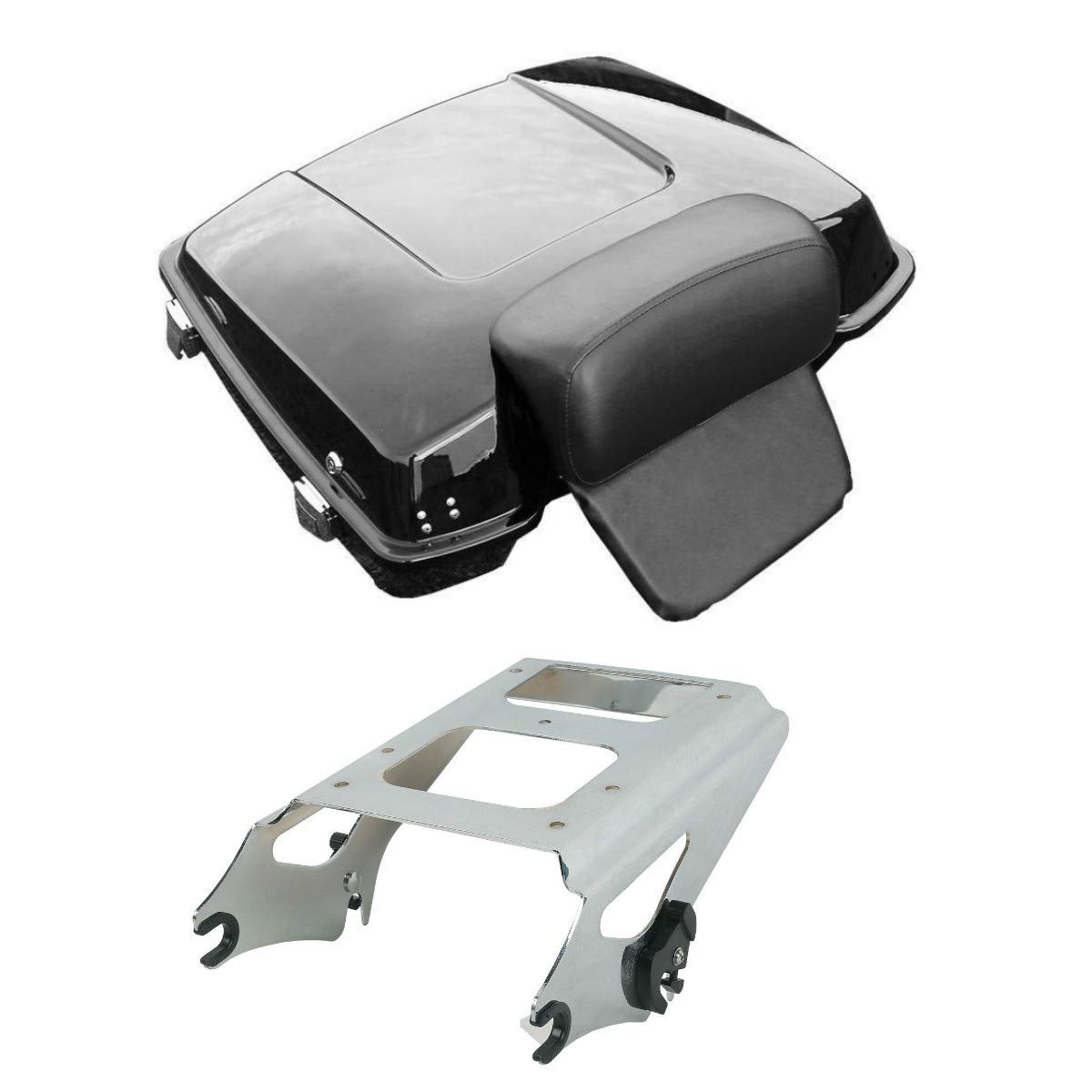 TCT-MOTORPARTS Gloss Black Razor Trunk Backrest Pad w/Chrome Mounting Luggage Rack Fit for Harley Touring 2009-2013 Touring Electra Street Road King