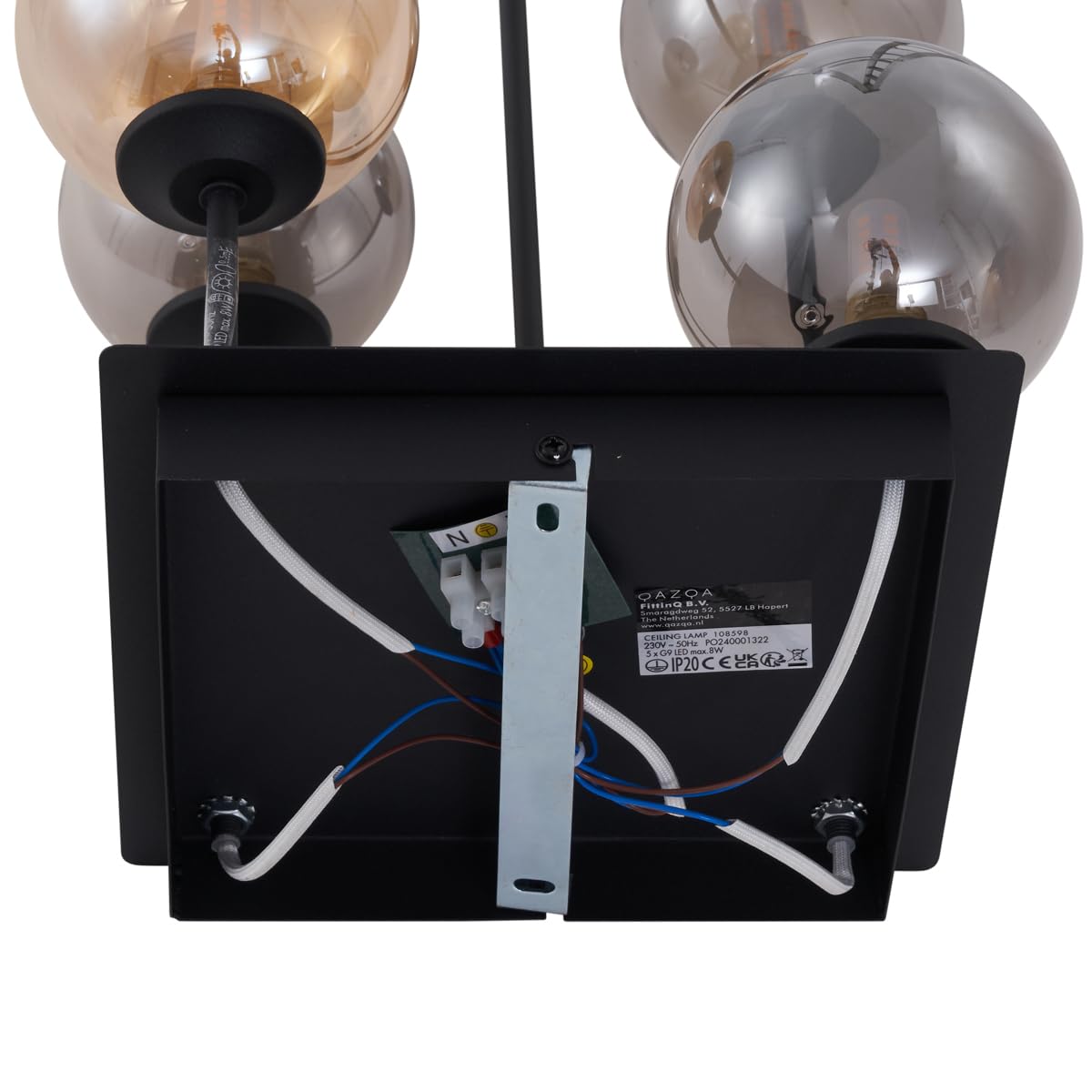 QAZQA - Moderne Deckenleuchte I Deckenlampe I Lampe I Leuchte Schwarz mit Bernstein- und Rauchglas 5-flammig - Athen I Wohnzimmer I Schlafzimmer - Metall Quadratisch I Kugel I Kugelförmig - LED geeign