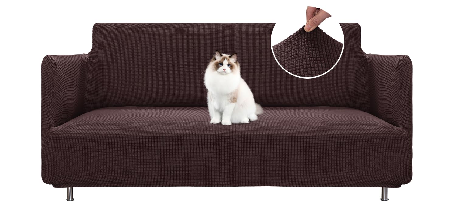 BellaHills Copri Divano 2 Posti con Braccioli(135-165cm), Copridivano Antigraffio Gatto, Copridivani Elasticizzato, Fodera Divano Antimacchia Lavabile Antiscivolo, Marrone