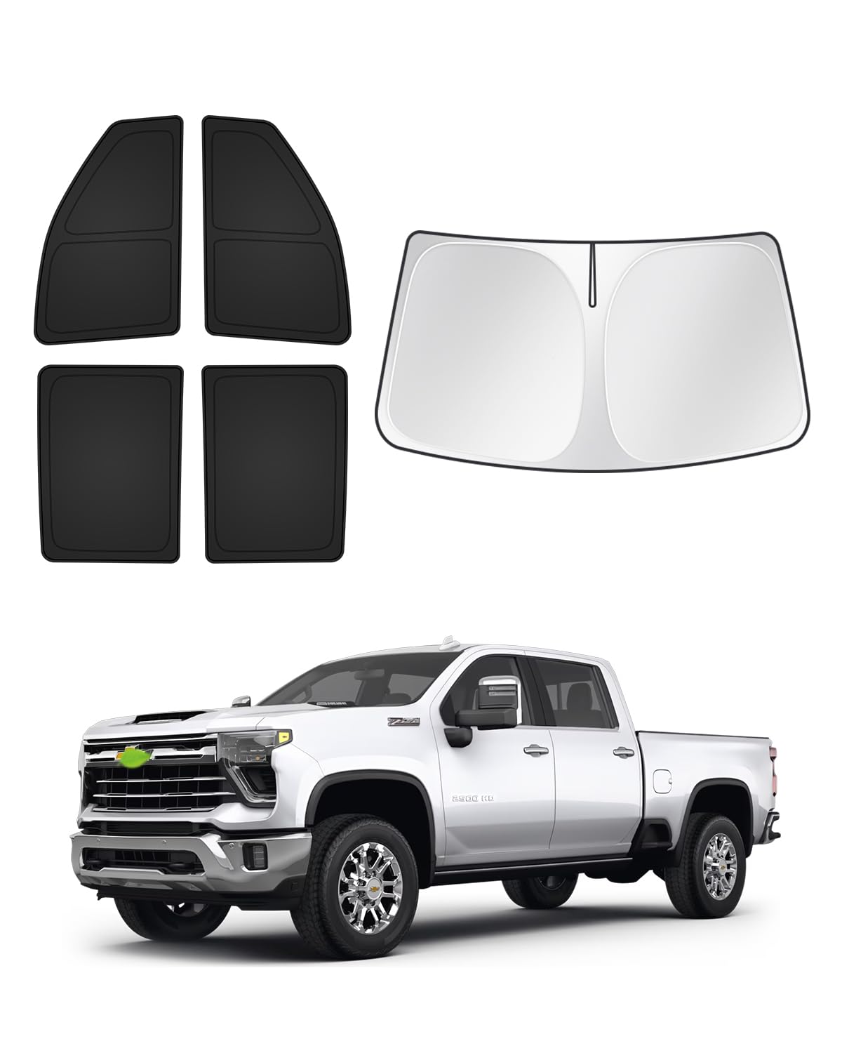 Canvcle Sunshades for Chevrolet/Chevy Silverado 2500 3500 Crew Cab 2020-2026 Accessories Windshield Sun Shade Side Rear Window Shade Cover Sun Visor Shield Privacy Protection Keep Car Cool Black 5PCS