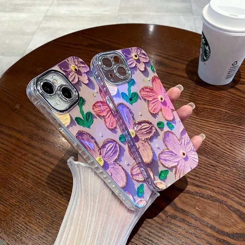 Image of Elzzi Compatible with iPhone 16 Pro Max Case 3D Laser Flower Oil Painting Cute Colorful Blue Ray Bumper with Full Camera Protection Shockproof PC+TPU Glossy Shiny Cover for Girls Women, Pink & Purple
