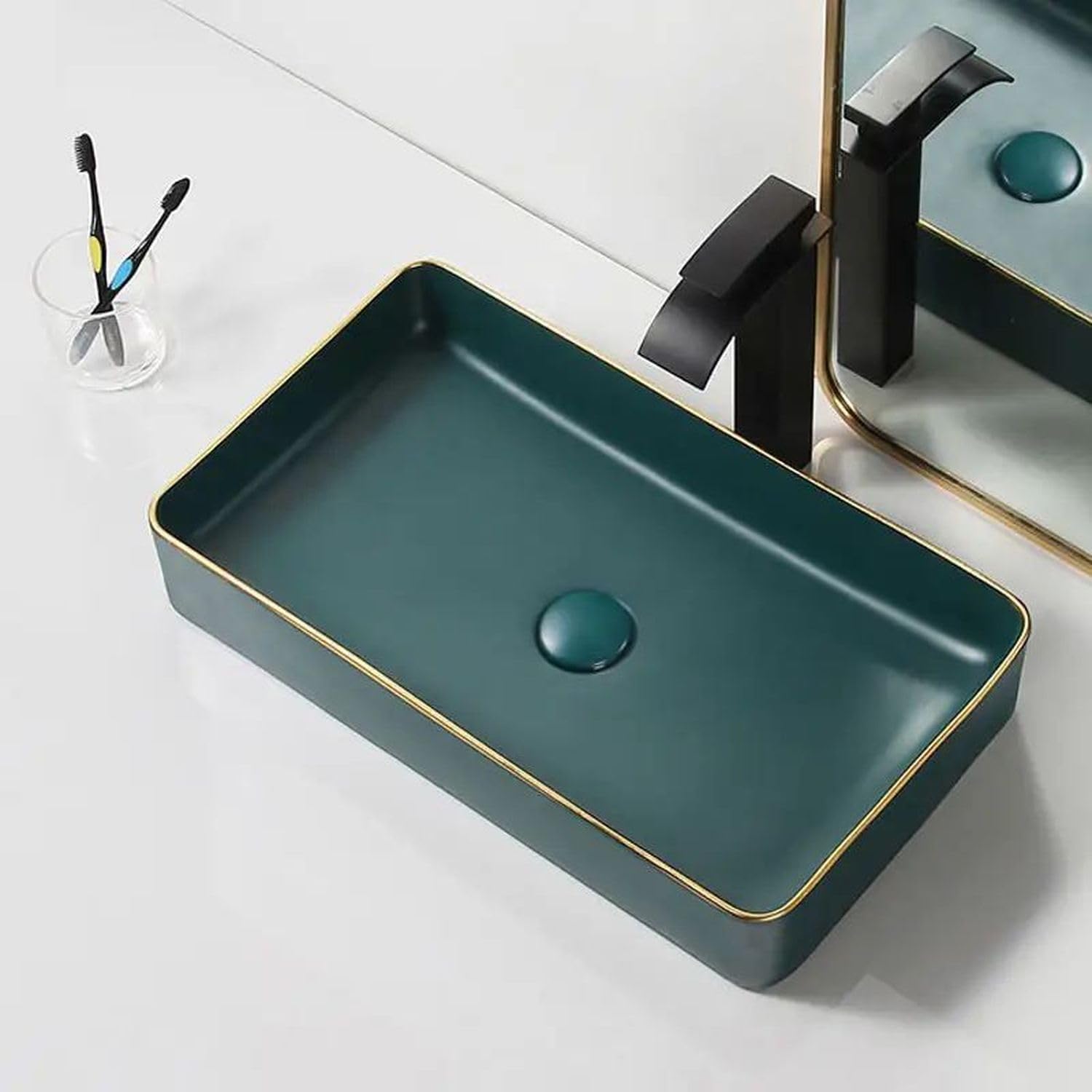 Inart Ceramic Wash Basin | Counter Top Basin | Living room or Bathroom Table Top Basin | Green Matt Color Size : 60 x 34 x 11 CM