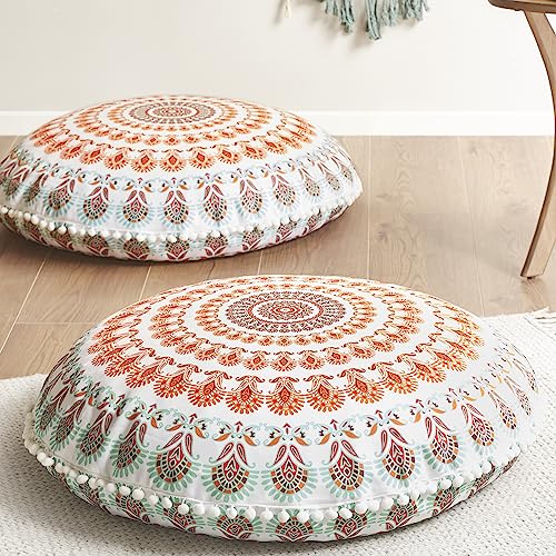 Codi Meditation Floor Pillow Set Of 2, Round Large Pillows Seating For Adults, Bohemian Mandala Circle Cushions For Outdoor Fireplace Yoga Living Room, 32 Inch, Memory Foam Added, Coral #TOP6