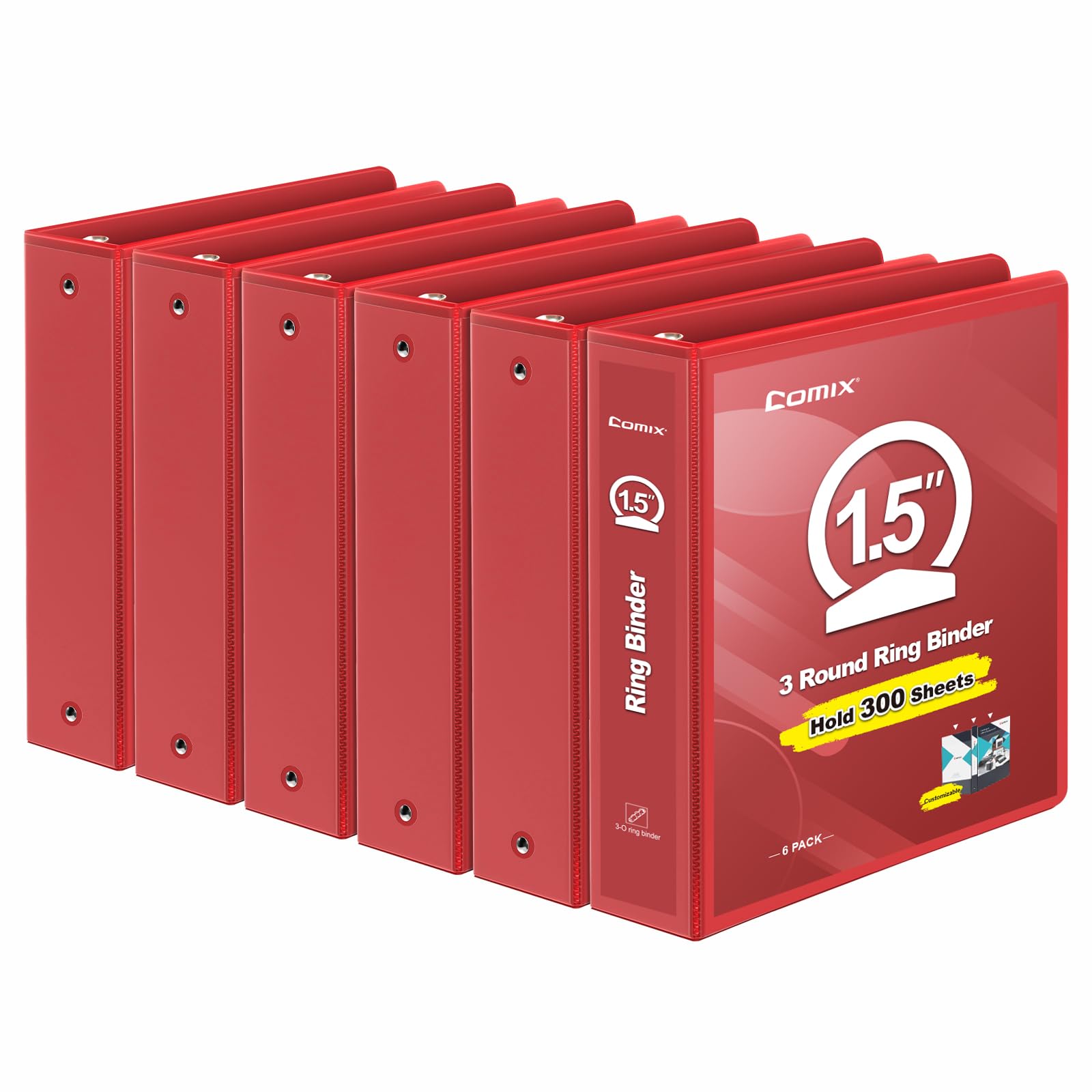 COMIX 3 Ring Binder 1.5 inch with Clear View Cover, 1.5" View Binder Holds 300 Sheets of US Letter Size Paper, 6 Pack (Red)