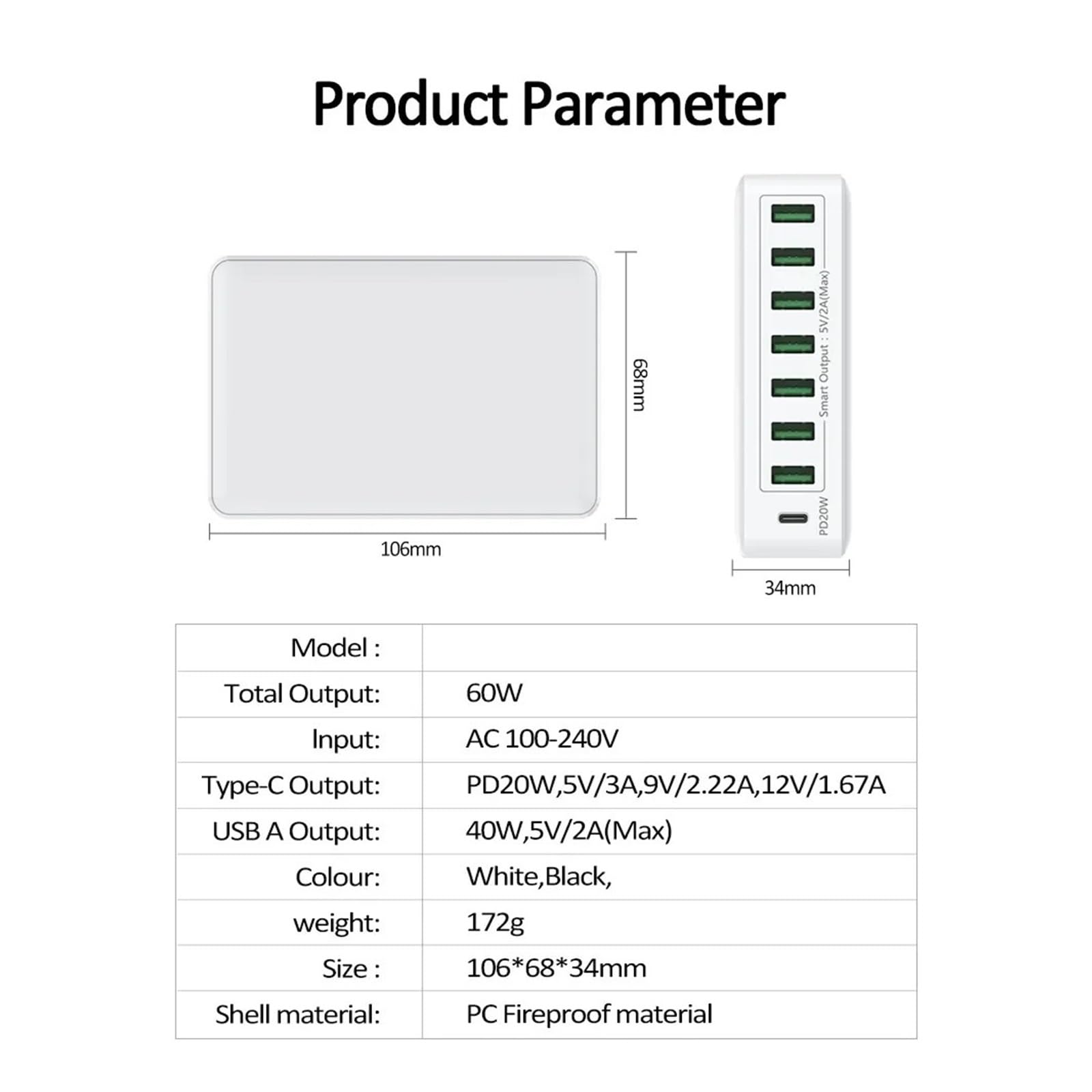 Stazione Di Ricarica USB Da 60 W A 8 Porte PD 20 Tipo C Caricatore Rapido Multi Hub Con Cavo Capacità Di Ricarica Rapida