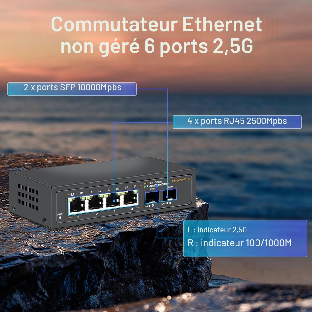 Commutateur Ethernet 2.5G Non administré avec 4 Ports 2.5G Base-T et 2 Ports Uplink 10G SFP, Compatible avec 100/1000/2500Mbps, Design sans Ventilateur, Commutateur réseau 2.5Gb en métal (6)