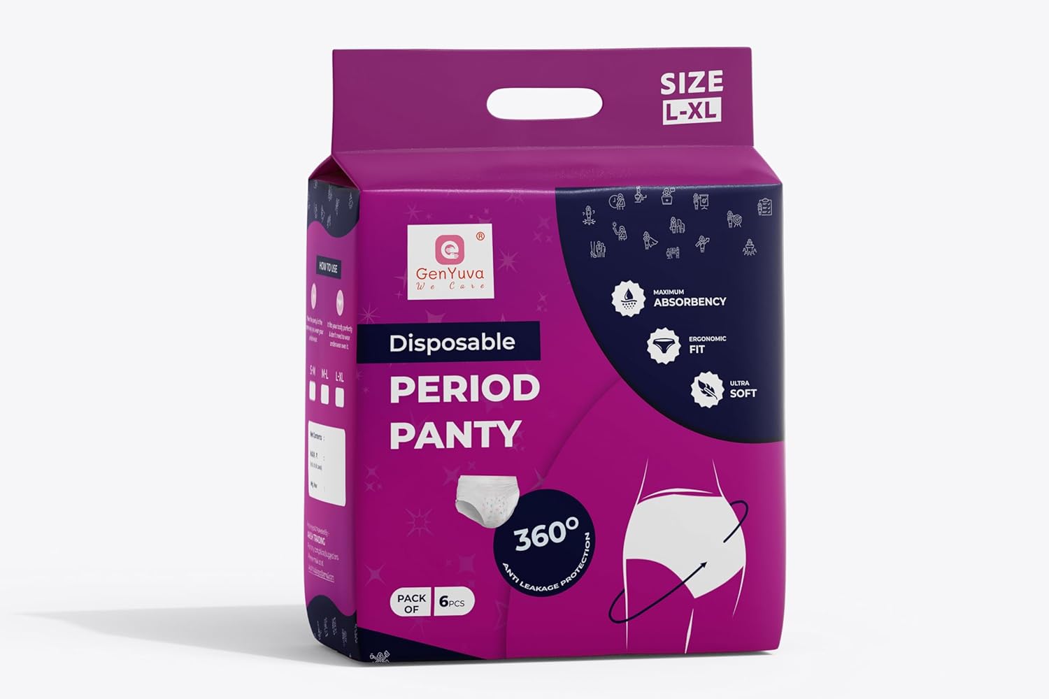 Period Panty for Women, L-XL, Pack of 6, Disposable, Leak Proof, Maternity Pads for Heavy Flow, Overnight 360 Degree Protection, Size 31-48 inches Period Panty for Women, L-XL, Pack of 6, Disposable, Leak Proof, Maternity Pads for Heavy Flow, Overnight 360 Degree Protection, Size 31-48 inches