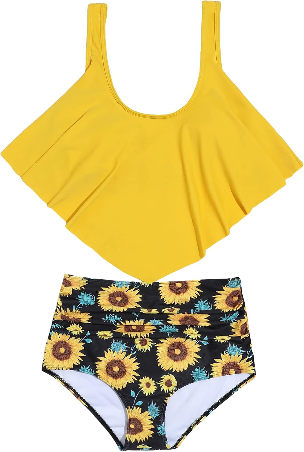 WDIRARA Women's 2 Piece Sets High Waisted Tankini Swimsuits Flounce Top Sunflower Print Bottoms Scoop Neck Swimwear