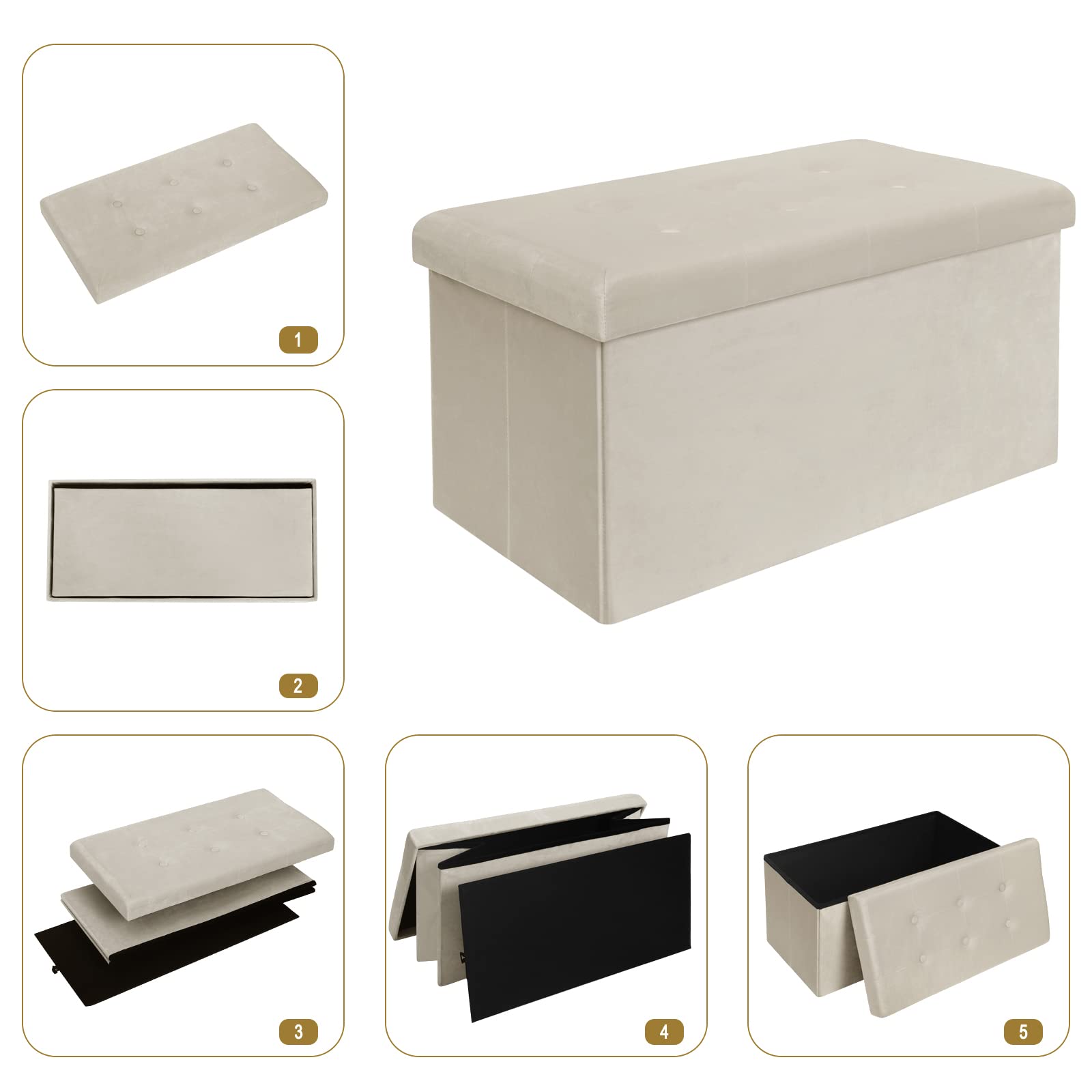 WOLTU Otomano y reposapié con Tapa, Taburete Puff de Terciopelo, Taburete Plegable de Almacenamiento 76x37,5x38 CM Crema