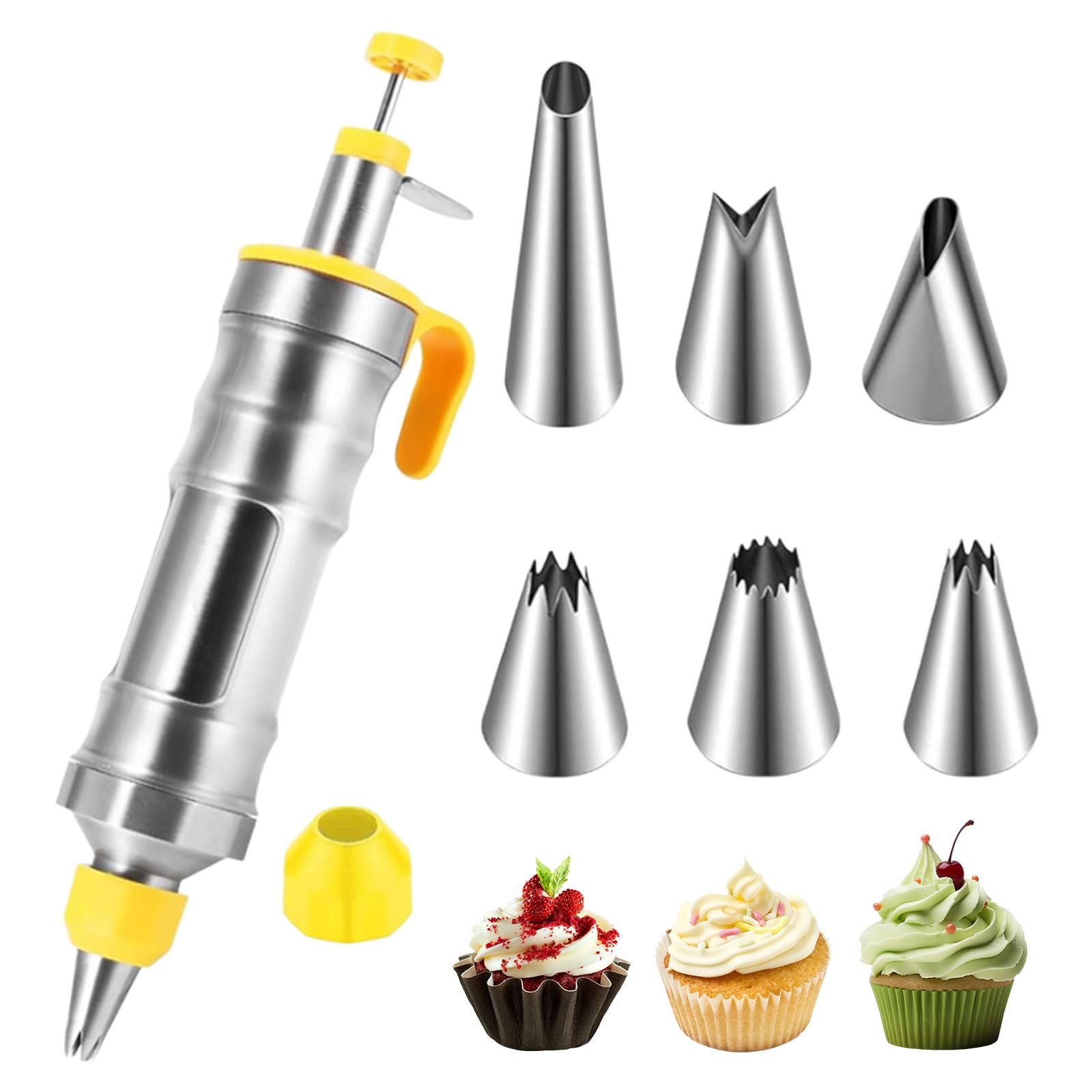 Seringue à gâteau, seringue à crème, en acier inoxydable, avec 6 douilles, poche à douille réutilisable, pour cupcakes, gâteaux, biscuits, beignets, pâtisseries (jaune)