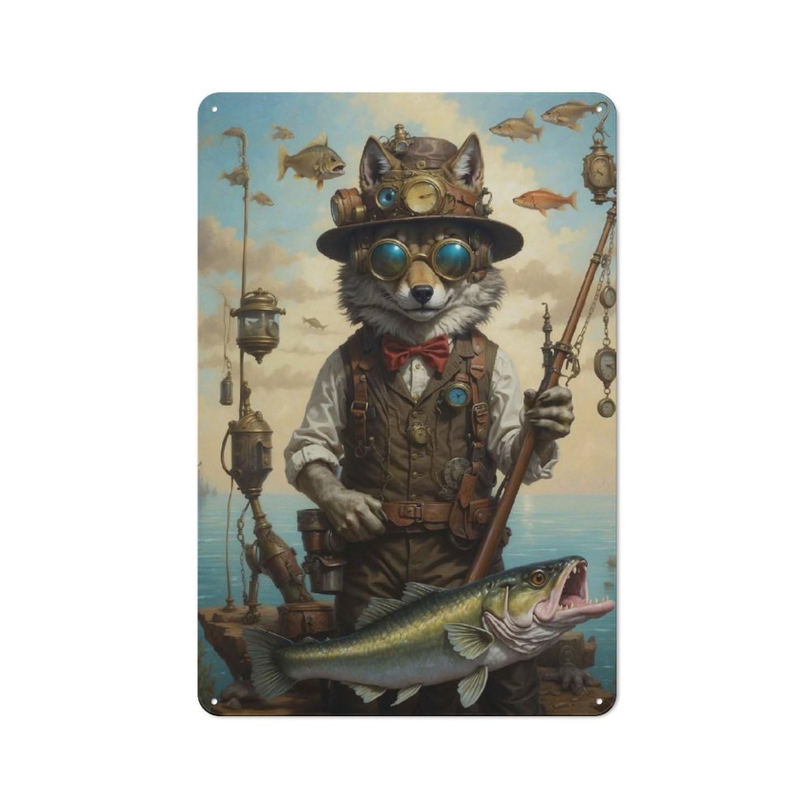 Steampunk Wolf Fishing Garage Metal Sign 30x20cm, Retro Workshop Wall Decor for Tool Room, Garage, Studio Or Home Bar