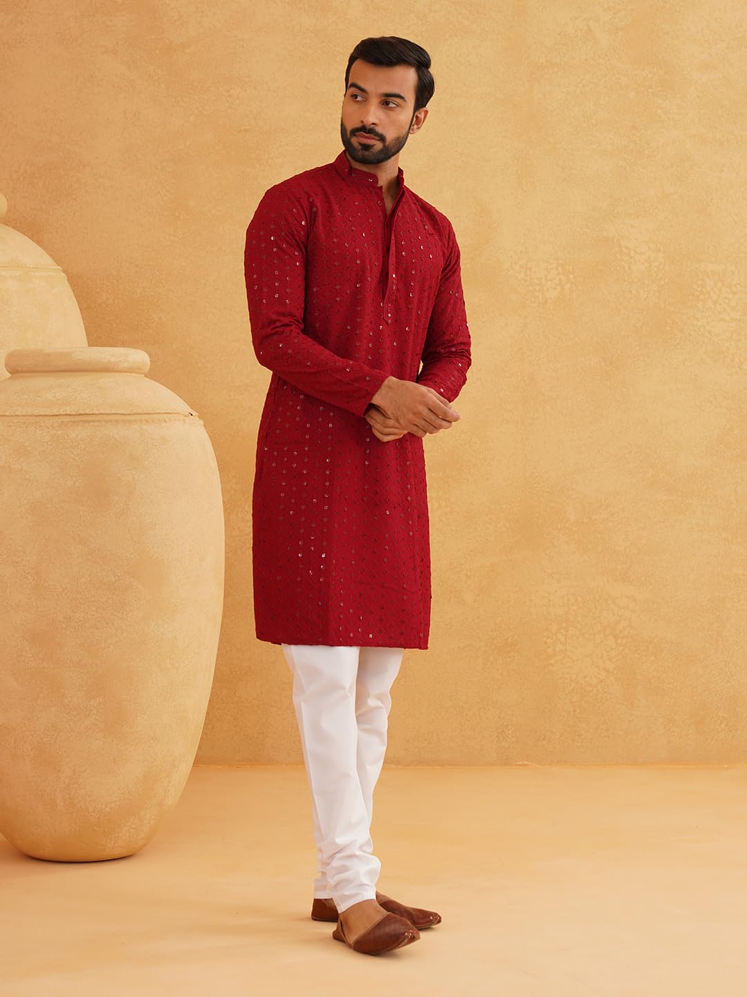 Sojanya (Since 1958 Men's Sequinned Embroidered Maroon Cotton Kurta And White Pyjama Set