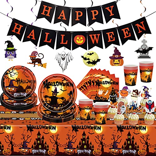 Halloween-Party-Dekorationen, Geschirr-Set für 16 Gäste, einschließlich Teller und Servietten, Halloween-Tischdecken, Tassen, hängende Wirbel, Banner, Halloween-Gruselparty-Dekorationszubehör Cover