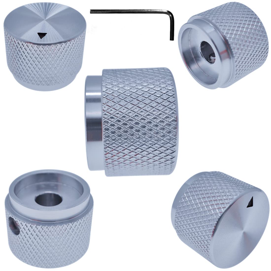 Photo 1 of Szliyands 5 Pack Aluminum Rotary Electronic Control Potentiometer Knob,for 0.23'' Diameter Shaft, 0.79'' Dia, 0.61'' H, Guitar Knob, Audio knob, Volume Control Knob(Silver)