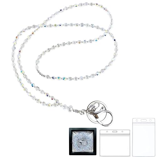 Blynkell Crystals Beaded Necklace Lanyards for ID Badges Name Tag and Keys for Women Sparkling Wheel Crystal Light Weight Keychain Modern Teacher Lanyards Holder 34in