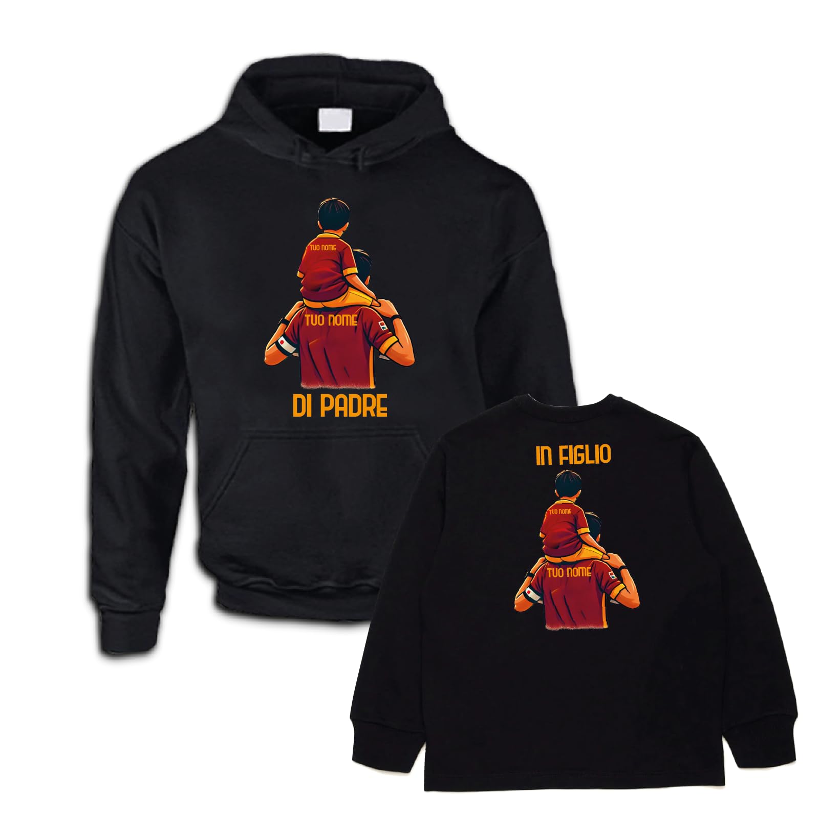 D&Vlab Coppia di Felpe Maglie di Padre in Figlio Idea Regalo per Il papà Squadre Tifosi Giallo Rossi Romani