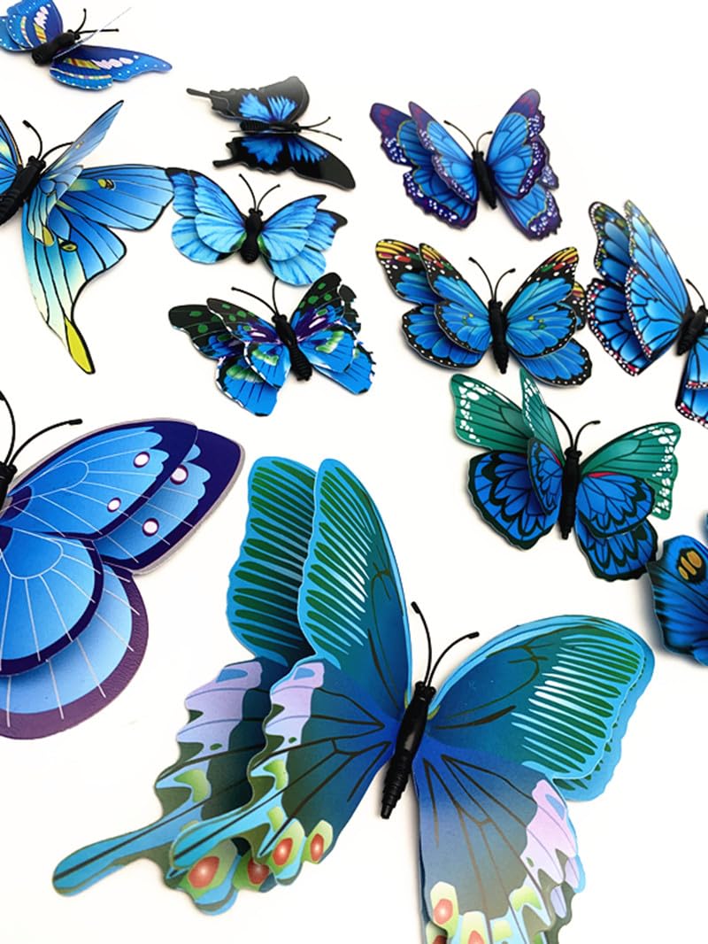 12PCS PVC 3D Butterfly Fridge Magnets Refrigerator Magnets Wall Stickers with Magnet for Wall Decor Art Decor Crafts Home Party Decoration (Blue)