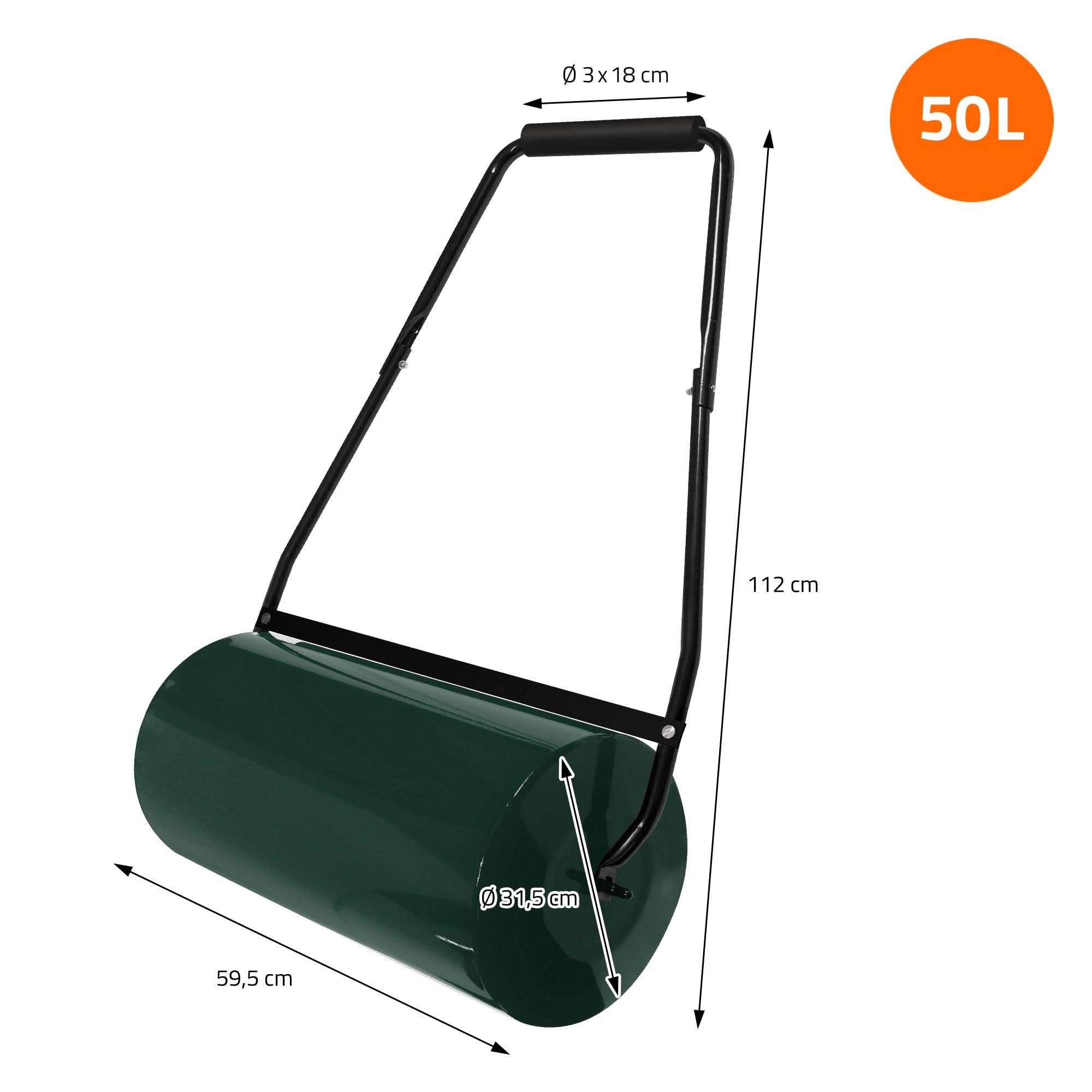 ECD Germany Walec do trawnika napelniany woda lub piaskiem 50 l stalowy reczny do zageszczania podloza i gleby szerokosc 59,5 cm srednica Ø31,5 cm zielony walec ogrodowy z oslona przeciwblotna