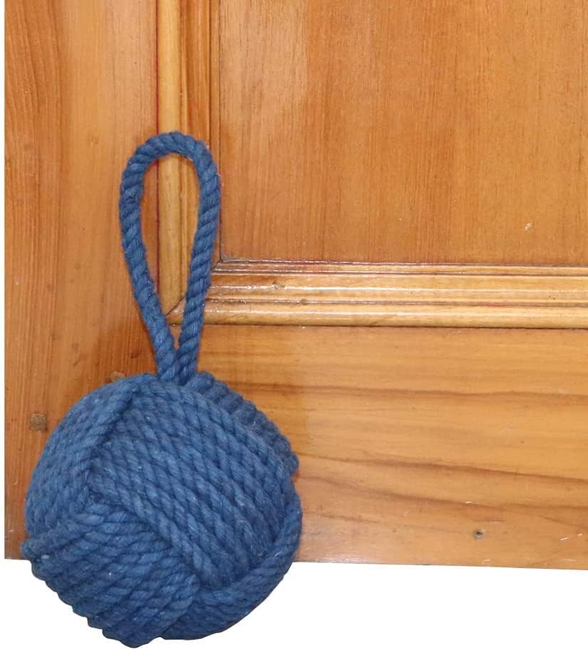 Miniatura 3 de Tope de puerta náutico decorativo hecho a mano, nudo marinero interior con peso de yute para puerta y ventana (yute azul, redondo de 5 pulgadas)