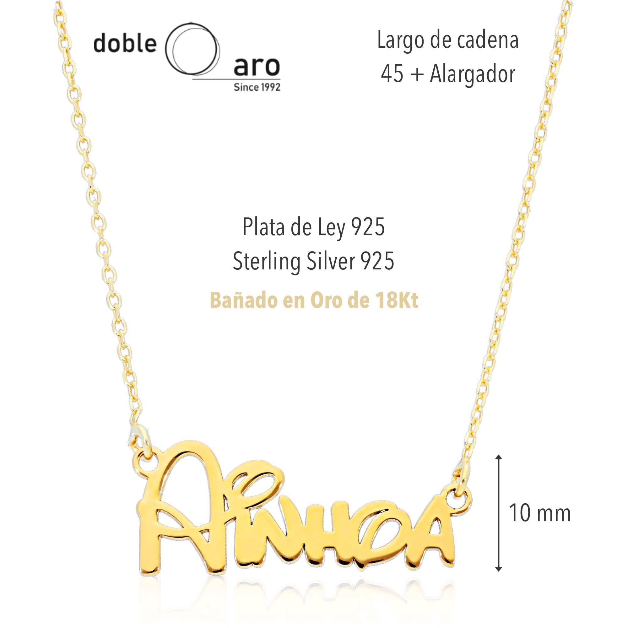 Colgante Personalizado con Nombre - Plata de Ley 925/1000 para Mujer – Collar Artesanal con Cadena Ajustable - Hecho en España (Modelo Funny Oro, Plata de Ley)