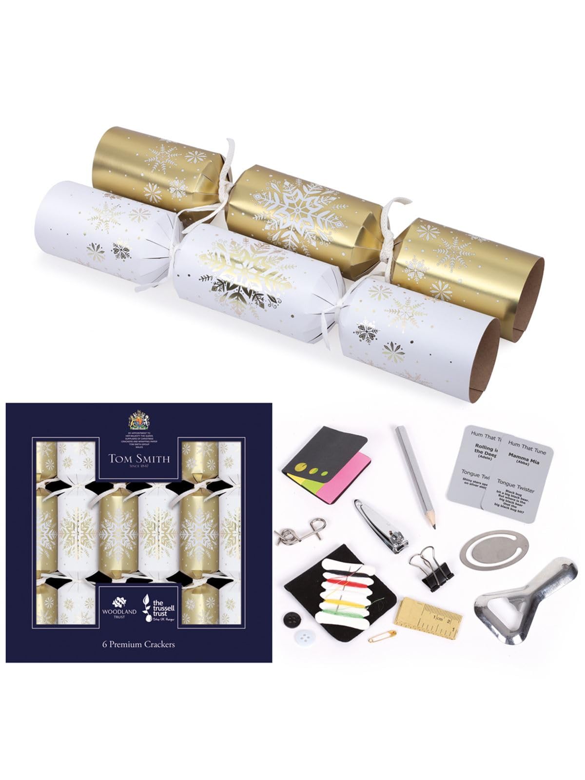 Tom Smith Multicolour Pack 6 Eco Charity Christmas Crackers White & Gold Snowflake Design 33Cm