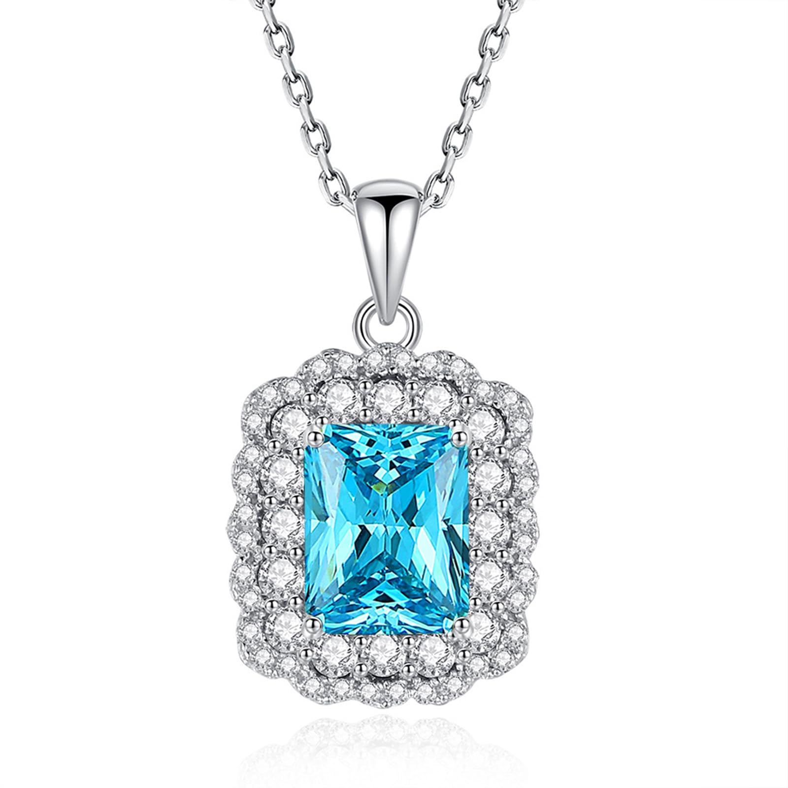 Collar de oro blanco de 9/14/18 quilates para mujer, collar con colgante de halo con forma radiante de 3 quilates, topacio azul moissanita AU375