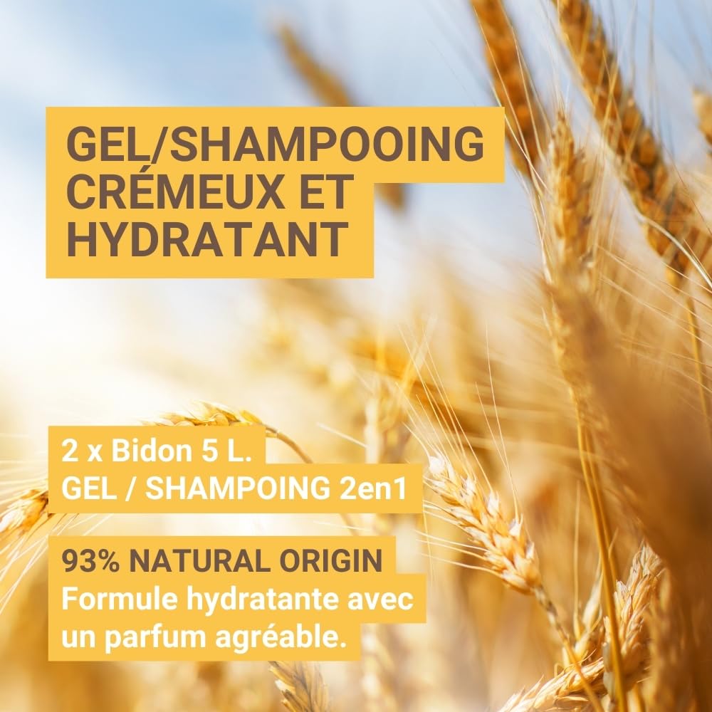 GPQ - Gel/Shampooing 2en1 NATURE 5 ltr. | 2 Bidons | 93% Natural Origin | Recharge doseur avec Après-shampooing sans Parabènes | Hôtel, B&B, Gîte Rural, Camping, Croisière, Gym... | Fabriqué dans l’UE