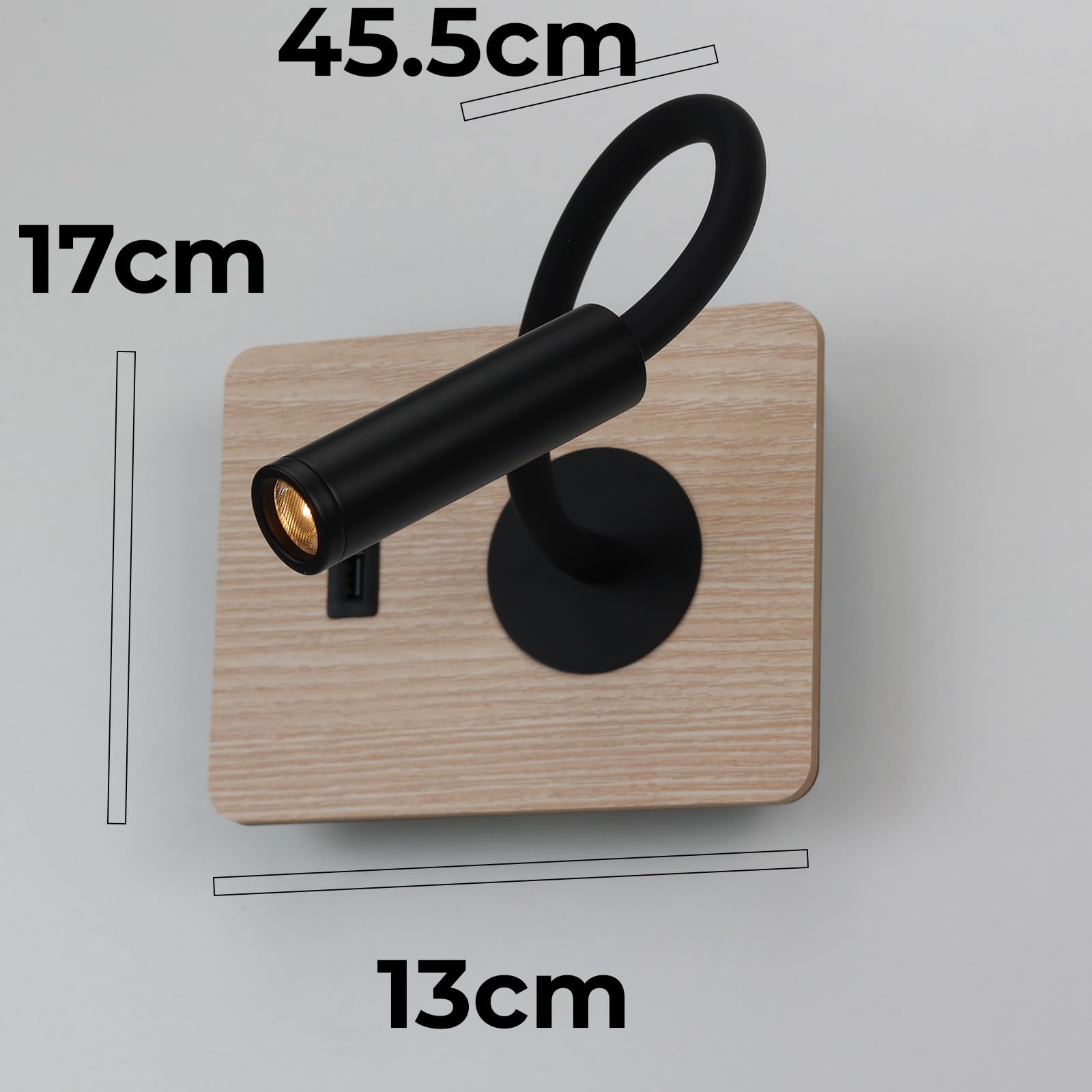 Applique Murale LED Alpinaluz Noir 3W - Spot Flexible USB-C - Effet Bois 2800K Blanc Chaud