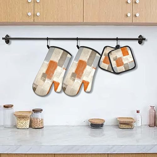Miniatura 2 de MCALK Juego de 5 manoplas de horno naranjas y soportes para ollas, guantes de horno beige y almohadillas calientes para cocina de cocina, manoplas