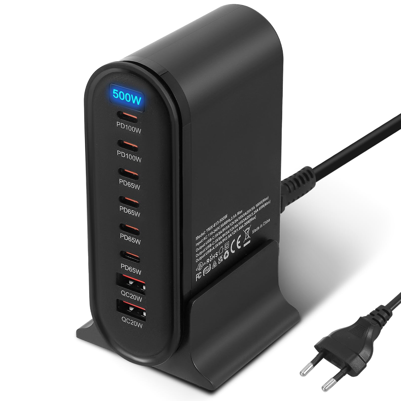 500W Caricatore USB Multiplo, 8 Porte Stazione di Ricarica Veloce Caricabatterie USB C PD PPS 100W Alimentazione Rapido per Laptop Telefono Cellulare