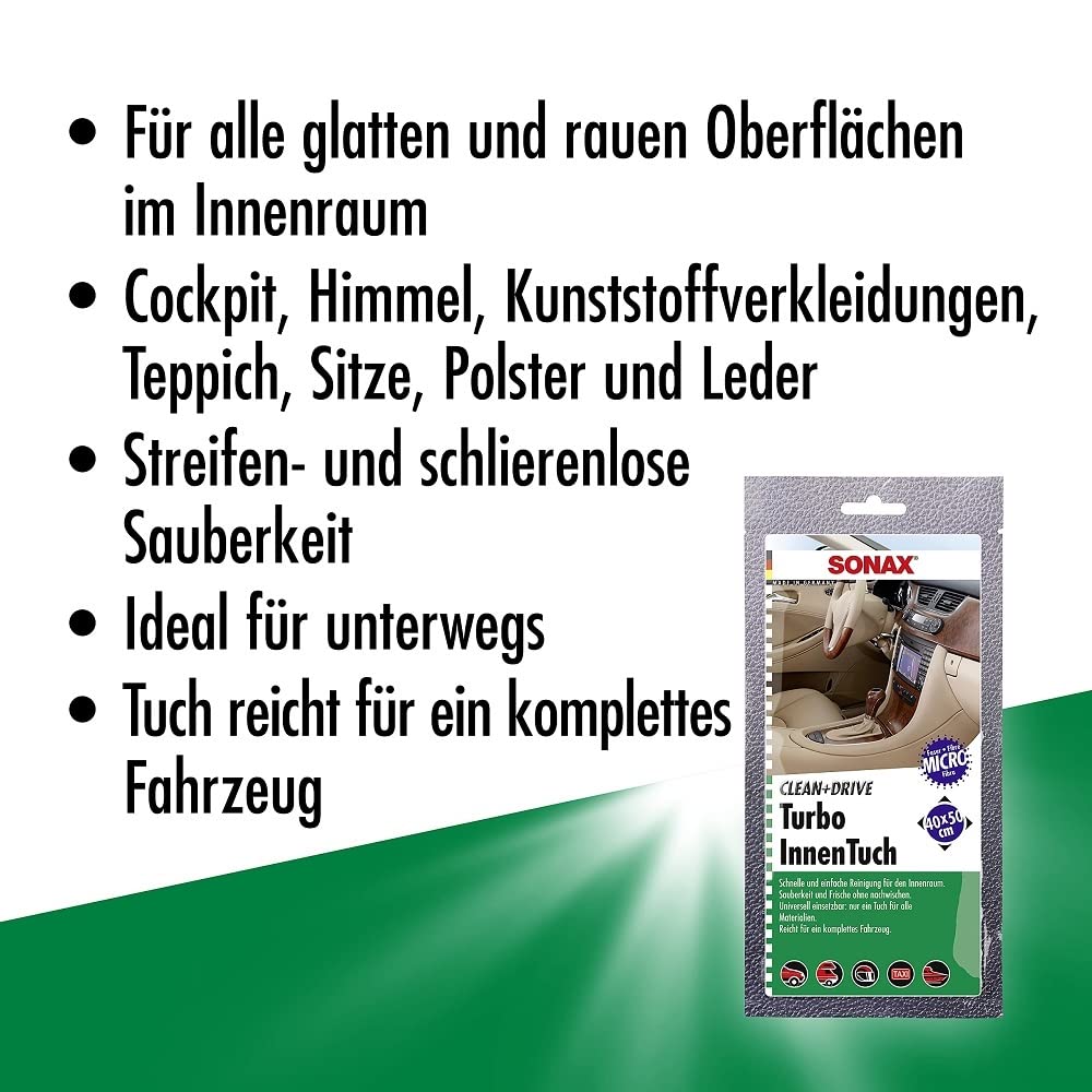 SONAX Clean+Drive TurboInnenTuch 45x50 Thekendisplay (1 Stück) Innenreinigungstuch für alle glatten und Rauen Oberflächen im Innenraum | Art-Nr. 04130000 (Packung mit 5)