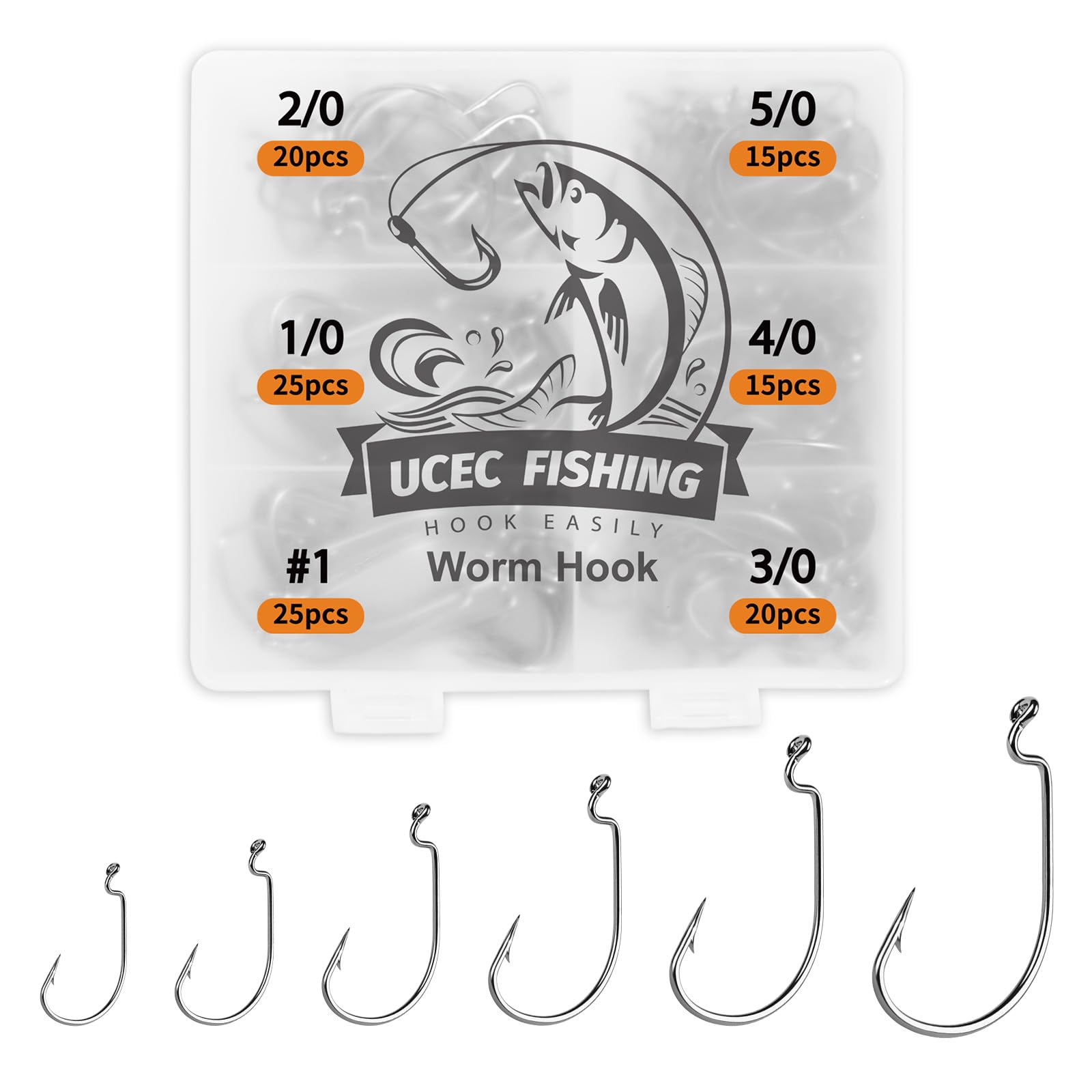 UCEC 120PCS Senkos Bass Fishing Hooks Freshwater Saltwater, EWG Worm Texas Rig Hooks Wide Gap 2X Strong Fishing Hook Set Size: #1 1/0 2/0 3/0 4/0 5/0