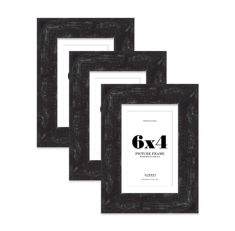 6x4" Distressed Black Picture Frame with 5x3" Mount - Rustic Photo Frame with Distressed Finish, Wall Hooks and Kickstand, 32mm Edge - 3 Pack