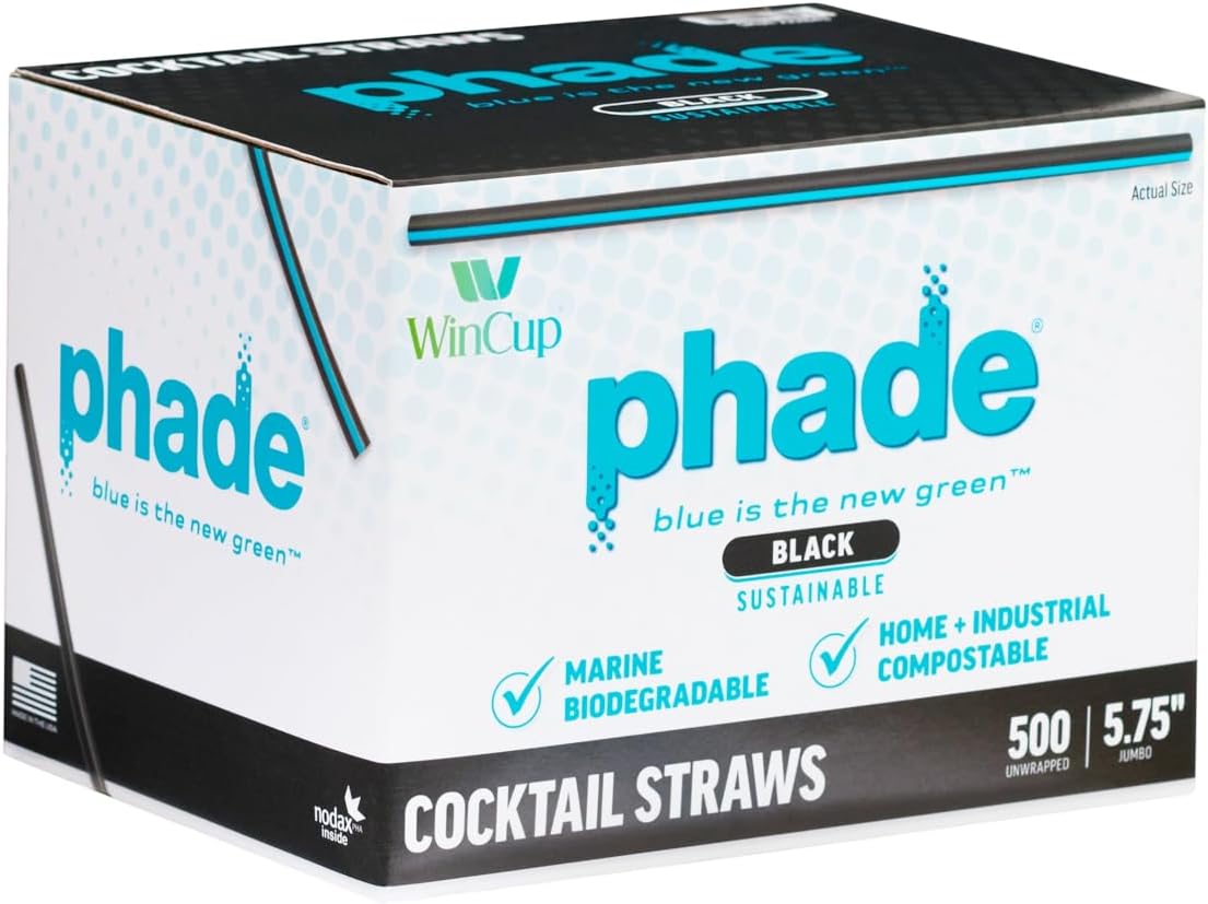 phade Cocktail Jumbo Drinking Straws – 5.75" Black With Blue Stripe 6000 Count Wrapped – Compostable Marine Biodegradable Non-Toxic Made In USA, 6 Pack
