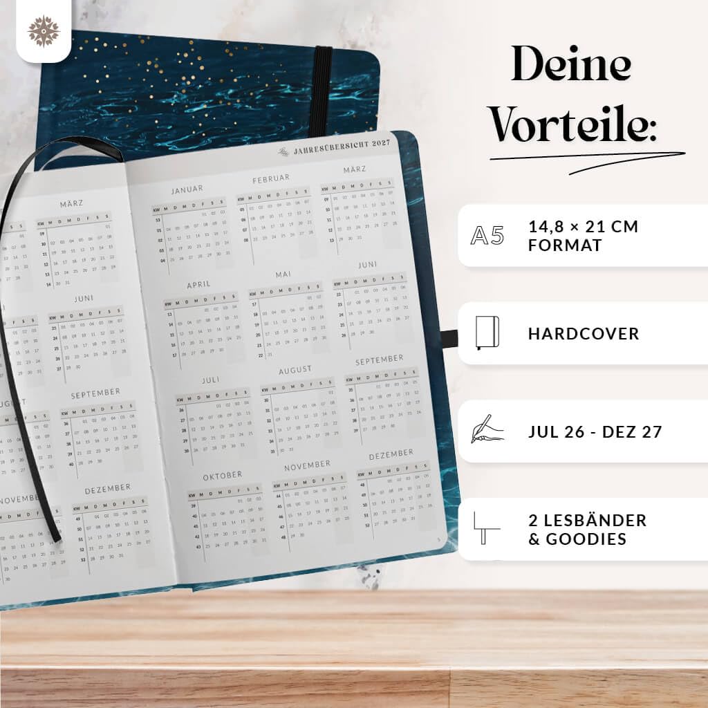 Lebenskompass® Kalender 2026 2027 A5 Dive - Terminplaner Juli 2026 bis Dezember 2027 - 18 Monate Wochenplaner & Buchkalender mit Achtsamkeit, Hardcover mit Goldprägung