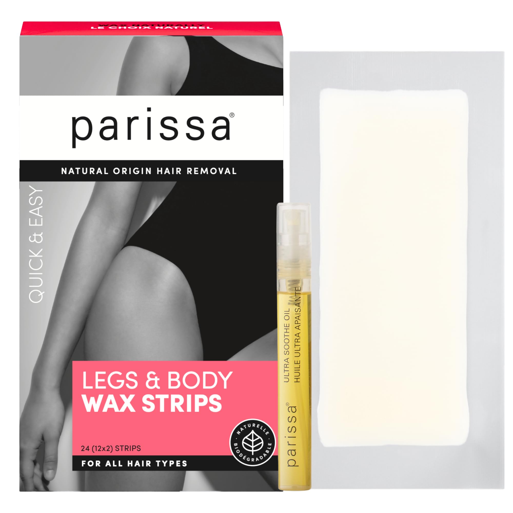 Legs & Body Biodegradable Wax Strips Kit | Ready-to-Use Large Wax Strips for At-Home Hair Removal, Suitable for All Hair Types | Includes Post-Wax Ultra Soothe Oil | 24 Strips (12 x 2)