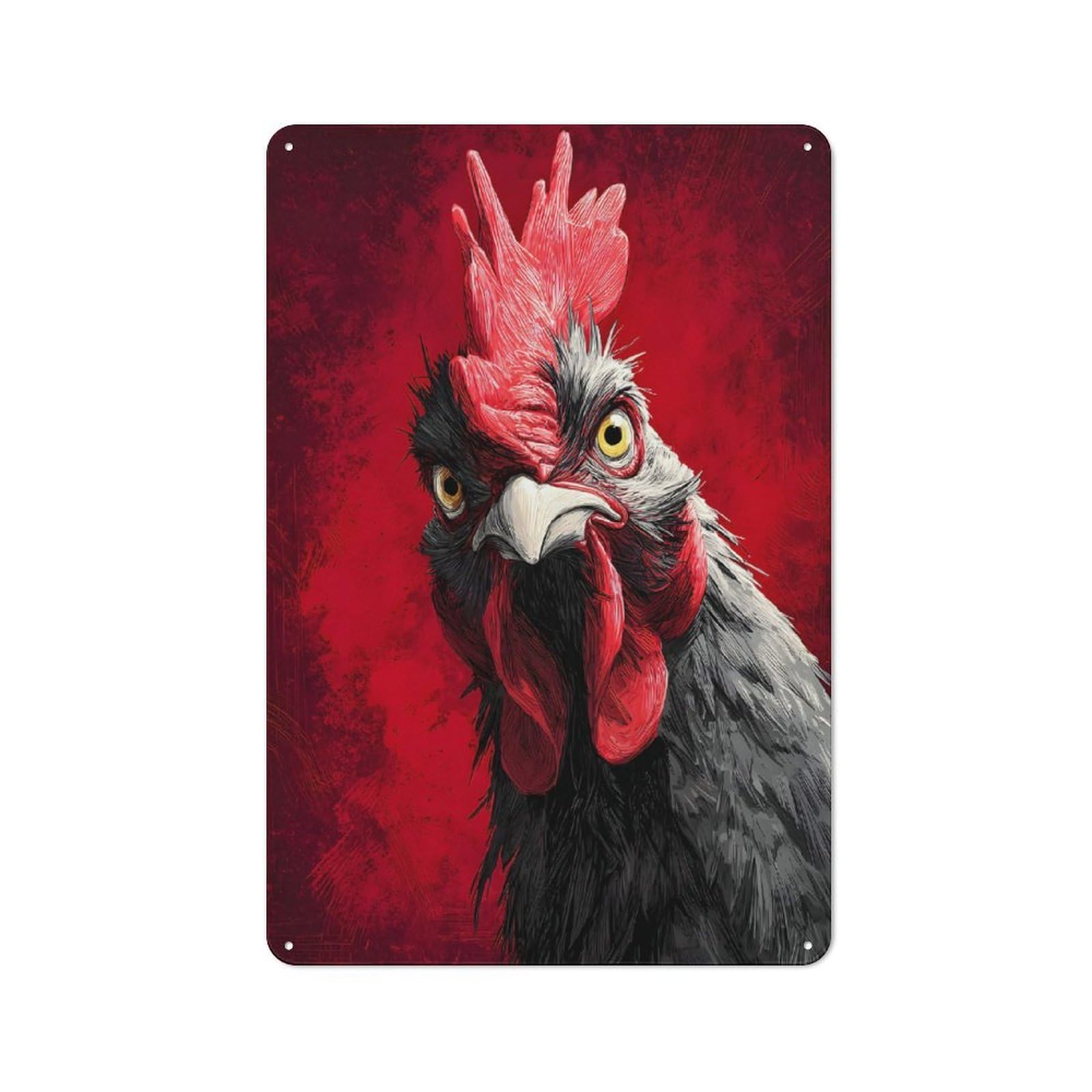 Decorative Metal Plaque with Intense Rooster Portrait on Red Background Design 30x20cm, Modern Retro Studio Wall Art for Workspace, Cafe, Hallway Or Garage