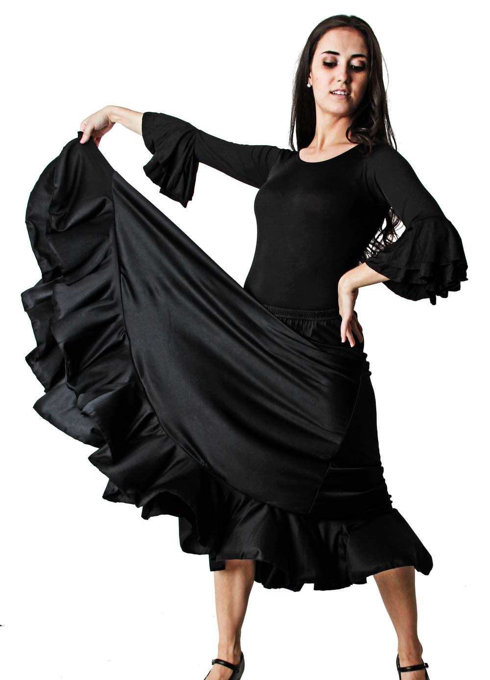 Gojoy shop- Traje Profesional de Baile Danza Flamenco o Sevillanas para Mujer de 2 Piezas (Contiene Body con Doble Volantes en Manga y Falda con Un Volante Liso (13-14 años, Negro)
