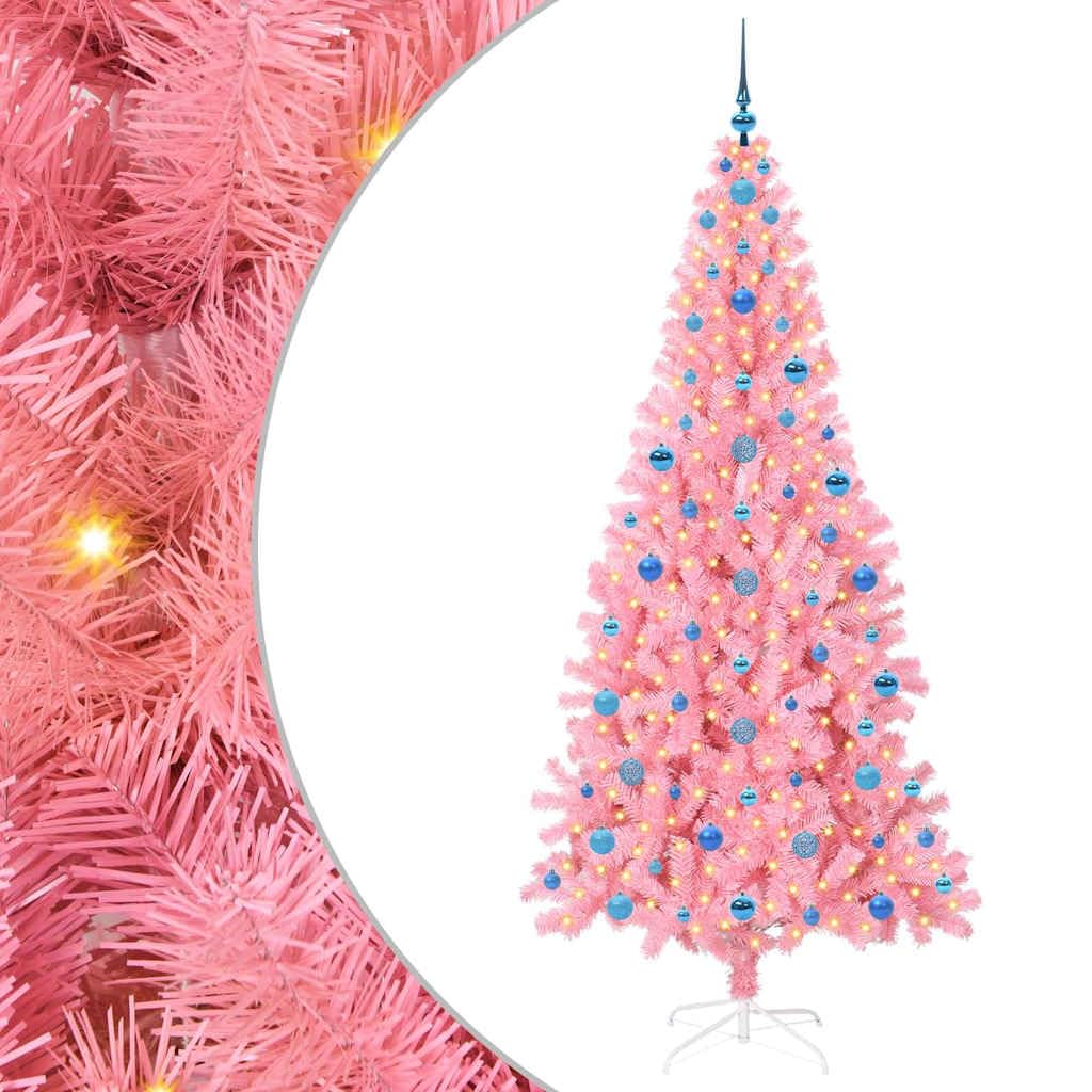Choinka 210 cm, różowa z 300 diodami LED o ciepłej białej barwie, PCW, sztuczna choinka ze stojakiem, 910 gałązek, 8 trybów, do użytku wewnątrz i na zewnątrz