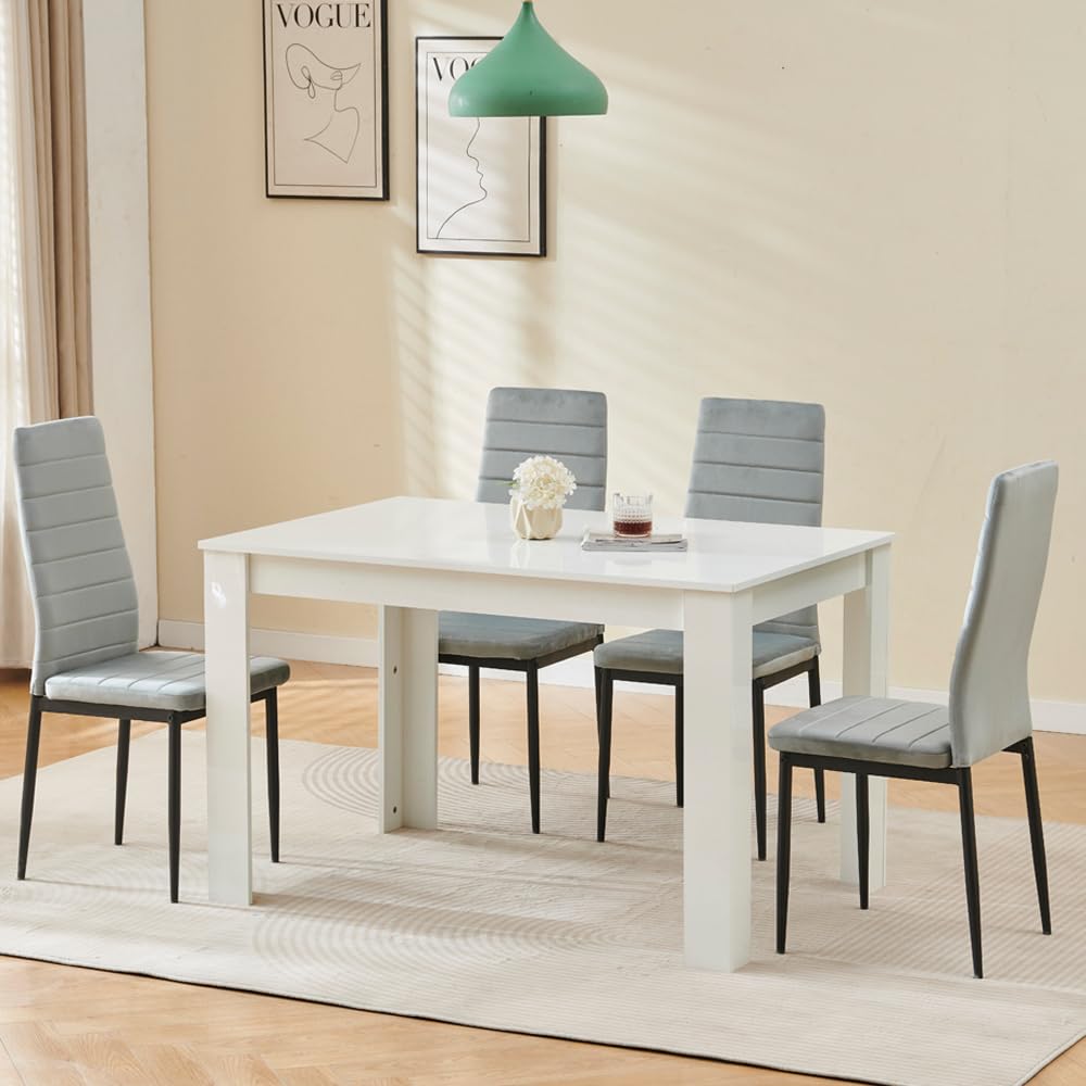 Homullel 5 Piece Dining Room Table and Chairs Set for Dining Room, Modern 120cm White High Gloss Dining Table with 4 Grey Velvet Chairs for Family Dinner Set Space Saving