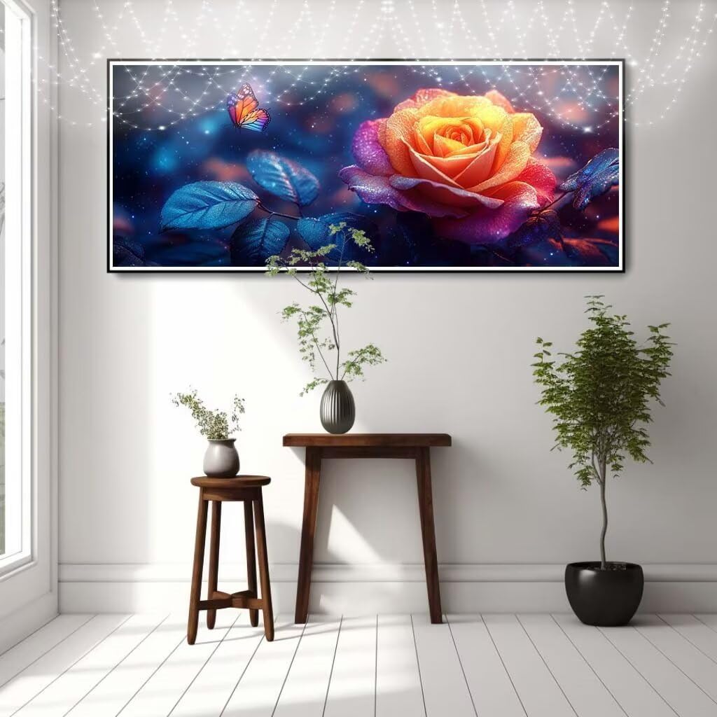Zestaw do malowania diamentami 5D, róża, niebieski motyl, obraz do malowania diamentami dla dorosłych (80 x 200 cm), "zrób to sam", haft diamentowy według liczb, obraz do dekoracji ściennej 8E-4063