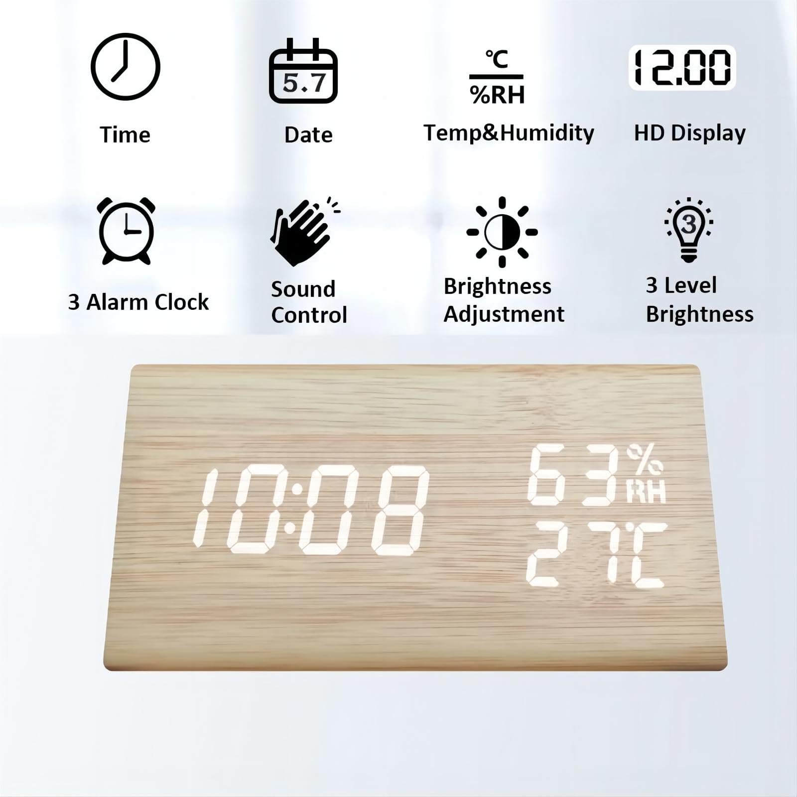 Reloj Despertador Digital, Madera ElectróNica Led Hora Fecha Temperatura Detección De Humedad 3 Configuraciones De Alarma 3 Niveles De Brillo para El Hogar Dormitorio Oficina