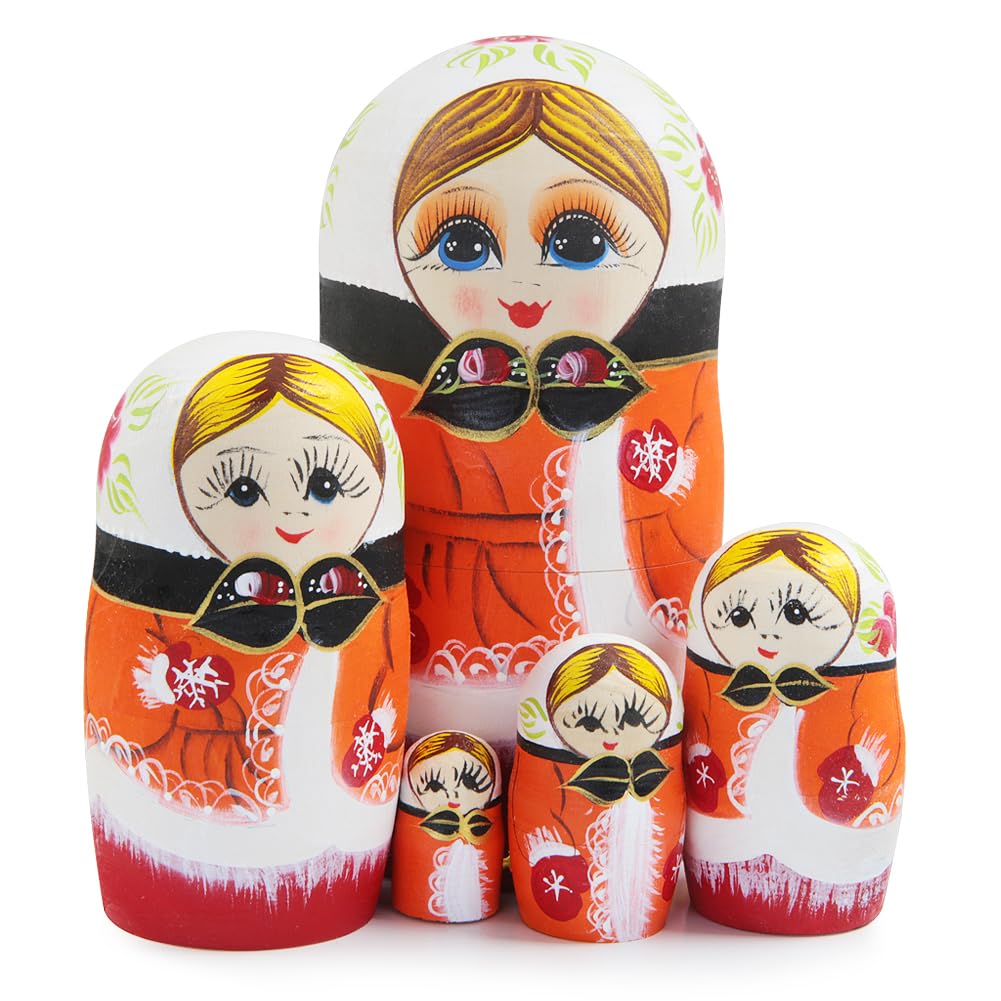 Ensemble de 5 poupées Russes Matriochka « Fille aux Fleurs Orange », représentant Une Fillette Traditionnelle Portant des Gants. Décoration à empiler, pour Un Anniversaire ou Une fête d'e