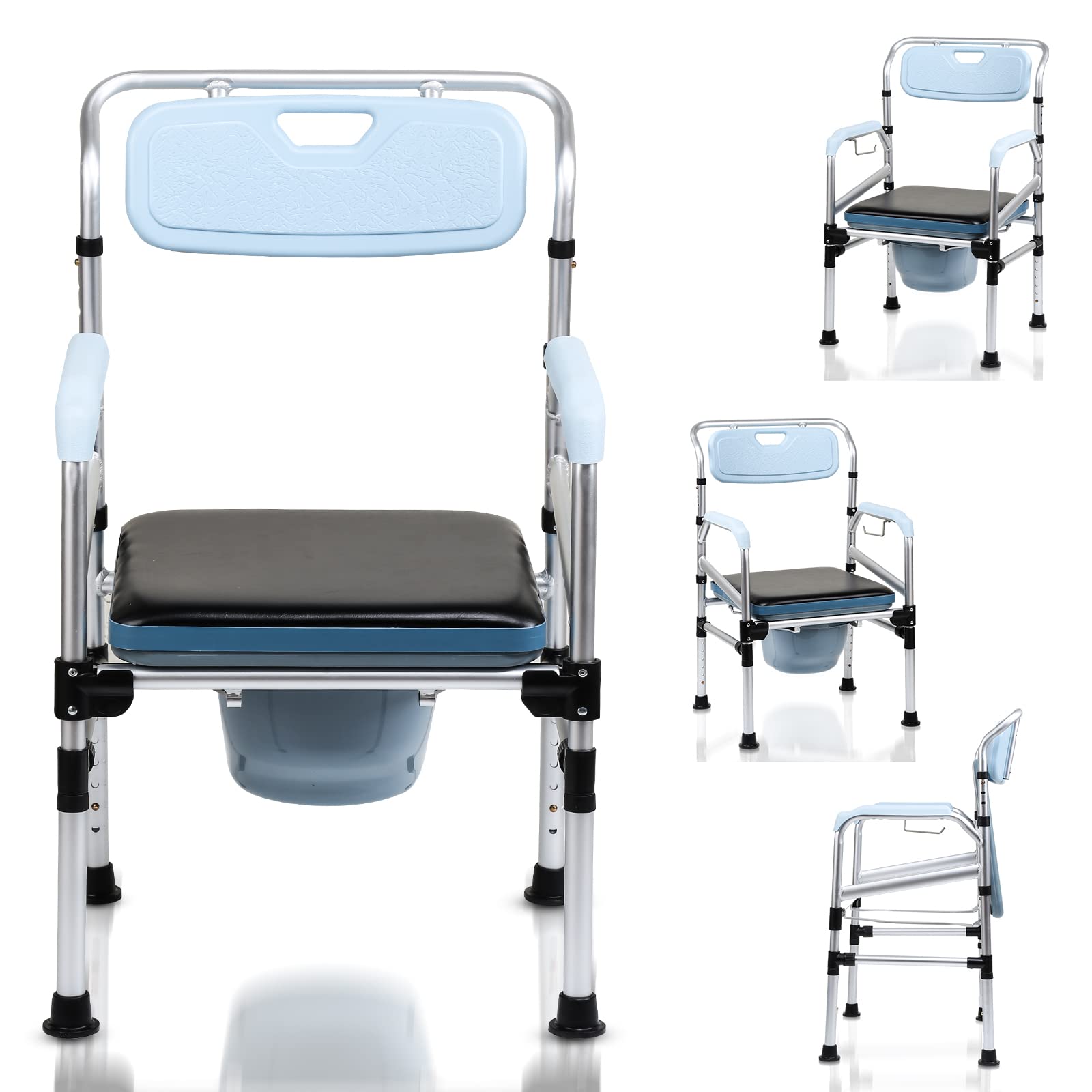 Silla de inodoro ajustable en altura, antideslizante, con asiento acolchado y cubo, reposabrazos y respaldo, cubo de inodoro plegable, taburete de ducha de hasta 160 kg