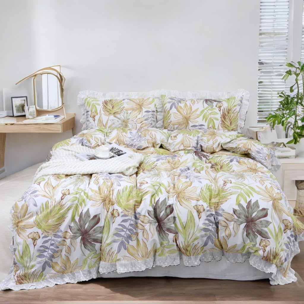 Housse de couette double XL avec dentelle blanche et volants romantiques parure de lit coton